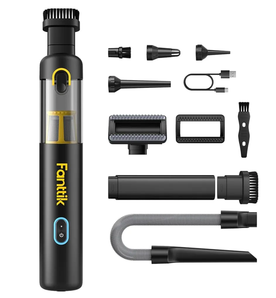 Portable cordless handheld car vacuum with cleaning attachments for removing beach sand, crumbs, pet hair, and dirt from family vehicles after beach trips and road trips.