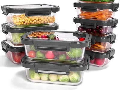 Stackable glass meal prep containers with airtight locking lids for healthy family meal prep, postpartum freezer meal storage, refrigerator organization, and weekly food preparation.