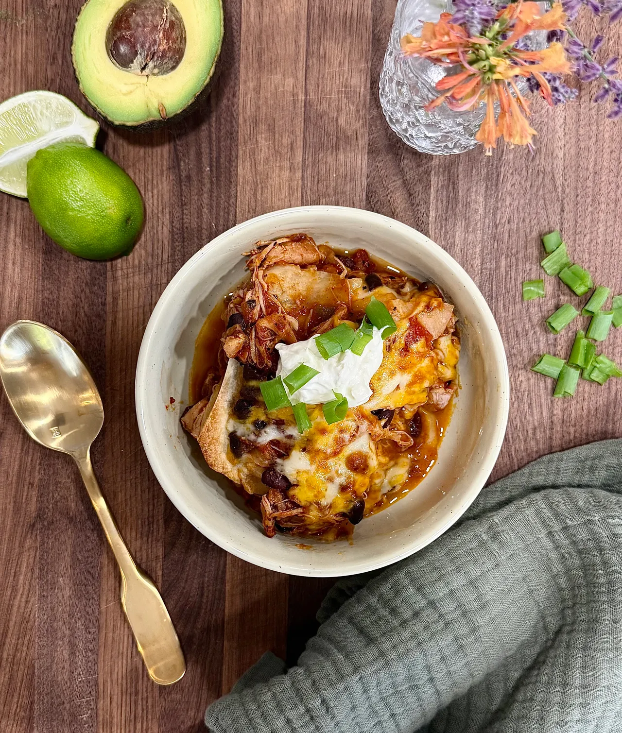 High Protein Chicken Enchilada Bake with Avocado and Sour Cream